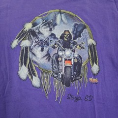 Vtg 90s Sturgis Motorcycle Biker Shirt Purple Wolf Native American Dream Catcher