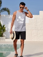 Mens Graphic Tank Tops Sleeveless T Shirt Hawaiian Palm Tree Vacation Tank
