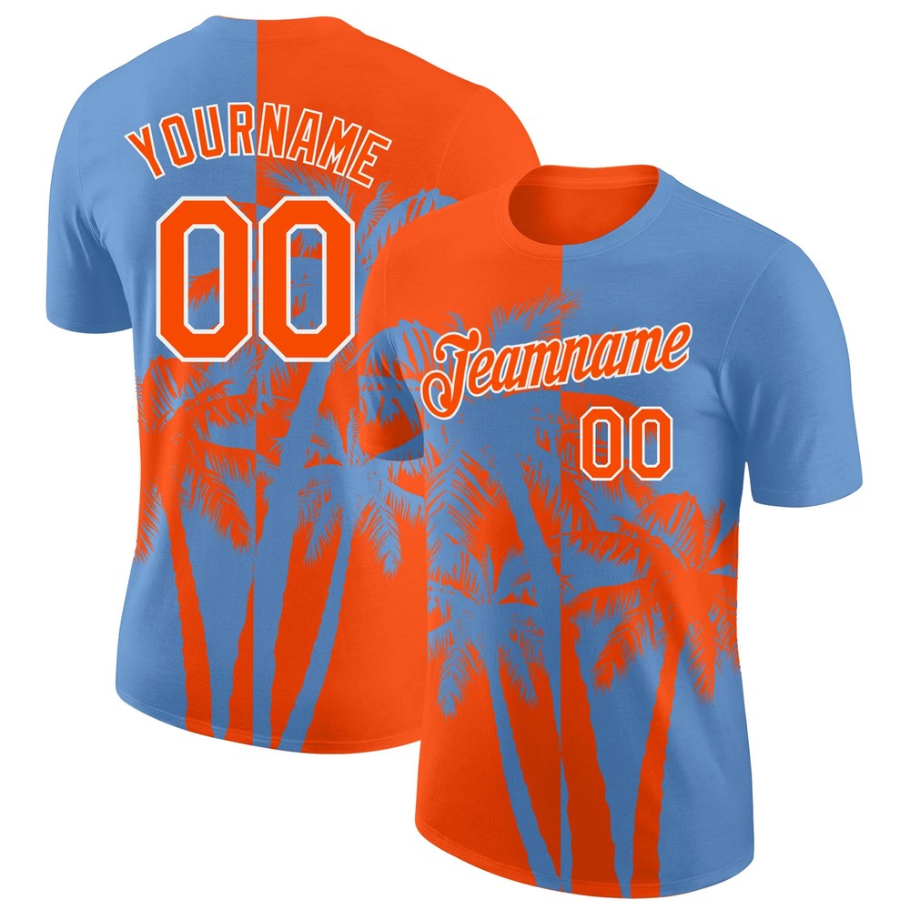 Custom Light Blue Orange White Hawaii Palm Tree T-Shirt Tropical Summer Gift