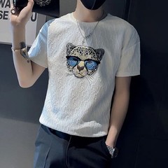 Men’s Designer Embroidered Leopard Head T-Shirt Slim Fit Casual Summer Tee