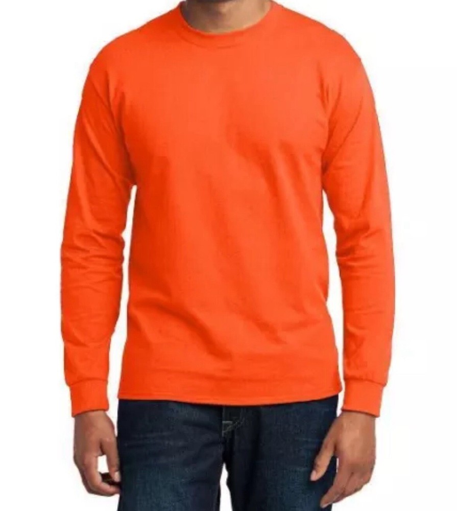 Port & Company Men’s Long Sleeve Orange Construction T Shirt -PC55LS, Size Large