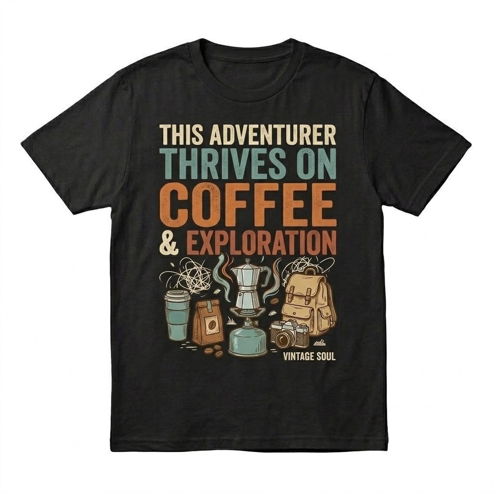 This Adventurer Thrives On Coffee Exploration T-Shirt Vintage Soul Camping Tee