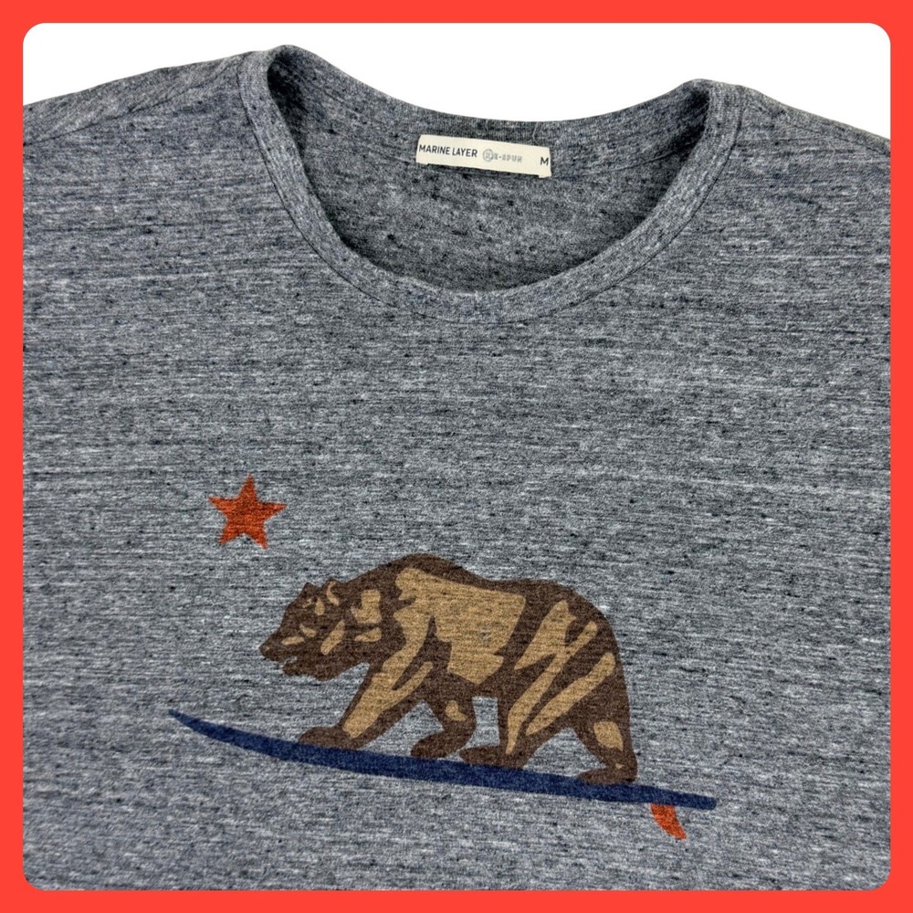 Marine Layer California Bear Surfboard Shirt Men Medium Gray Re-Spun Cotton Tee