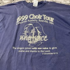 Vintage Jesus Tee 1999 Concordia Academy Choir Tour Uno Voce T-Shirt Blue XL