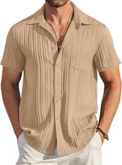 Men Casual Button Down Short Sleeve Textured Summer Beach Shirt with Pocket