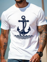 Men’s White Short-Sleeve T-Shirt with Blue Anchor Graphic (Chain & Waves), Casua