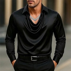 Men’s Elegant Satin Cowl Neck Blouse Long Sleeves Casual Business Dressy Shirts