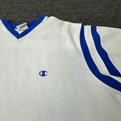 Vintage Champion Classic Fit Jersey V-Neck T-Shirt Mens Extra Large White Blue