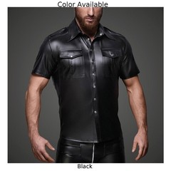 Men Black Faux Leather Short Sleeve Collared Shirt Wet Look Top Blouse