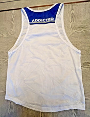 Addicted White Navy Blue Logo Mesh Tank Top Sz. L /34 See Thru Sexy Muscle Top