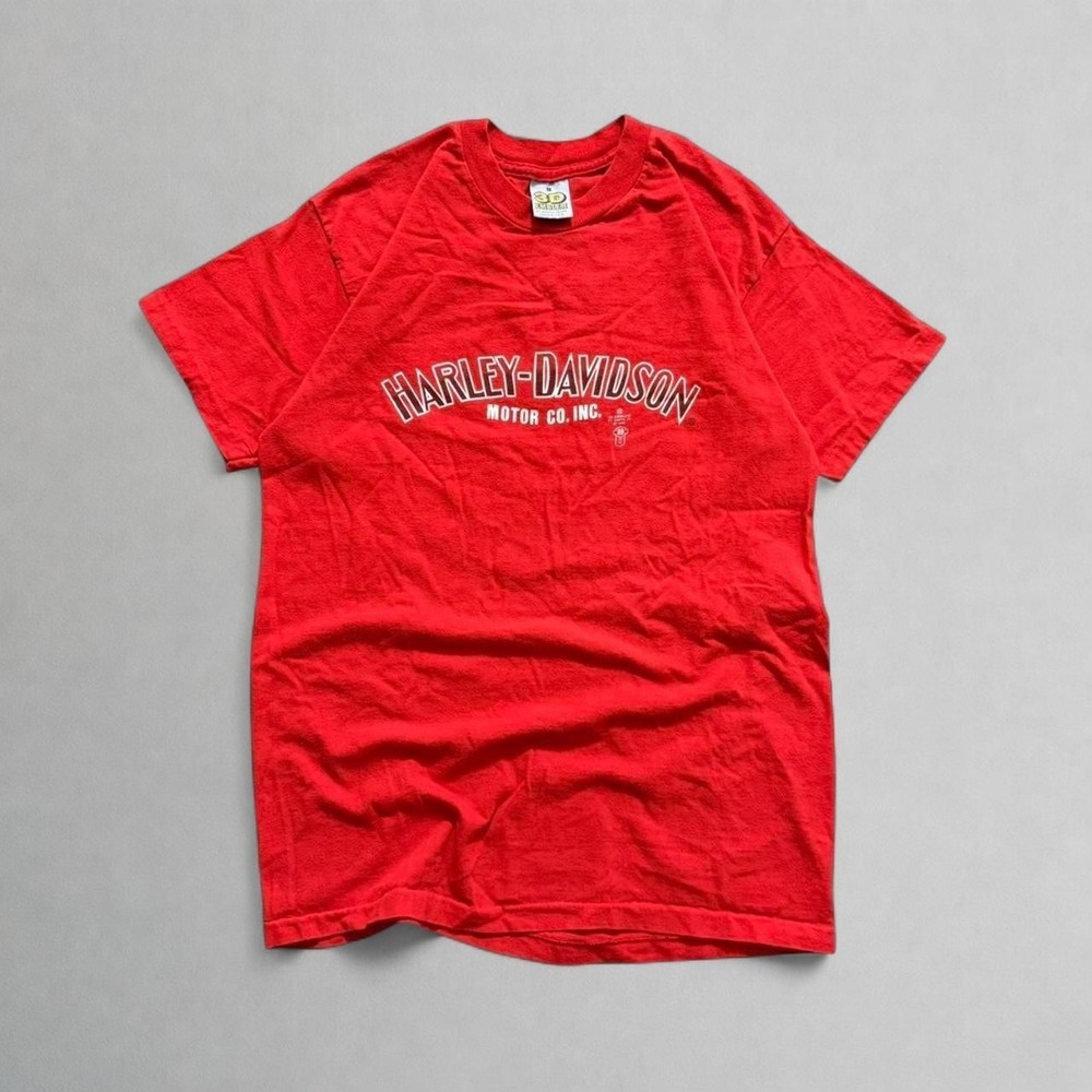 Vintage 1986 Harley Davidson 3D Emblem Asheboro NC Red T-Shirt