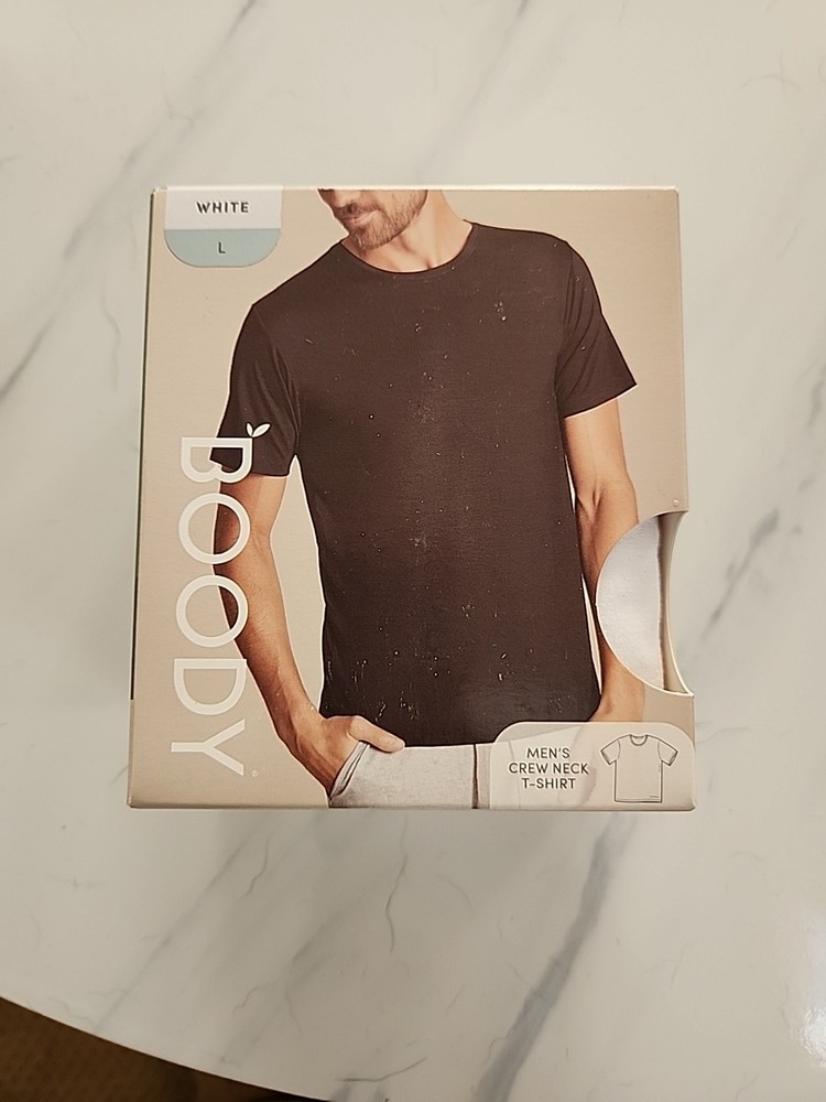 BOODY MEN’s CREW NECK T SHIRT WHITE Size L Ship From USA NEW