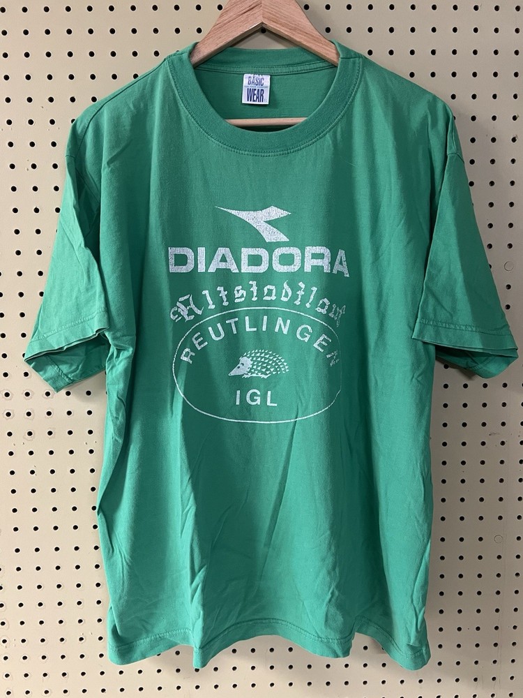 Vintage XL Diadora Graphic Green T-Shirt Streetwear Tennis Neckar Short Sleeve