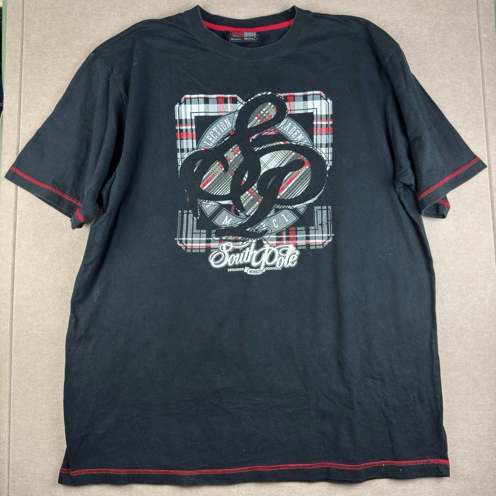 Southpole T-Shirt Men 3XL Black Plaid SP Logo Graphic Tee Red Stitching Hip Hop