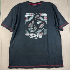 Southpole T-Shirt Men 3XL Black Plaid SP Logo Graphic Tee Red Stitching Hip Hop