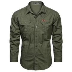 Men’s Long-Sleeve Western Shirts Cotton Button-Up Military Style