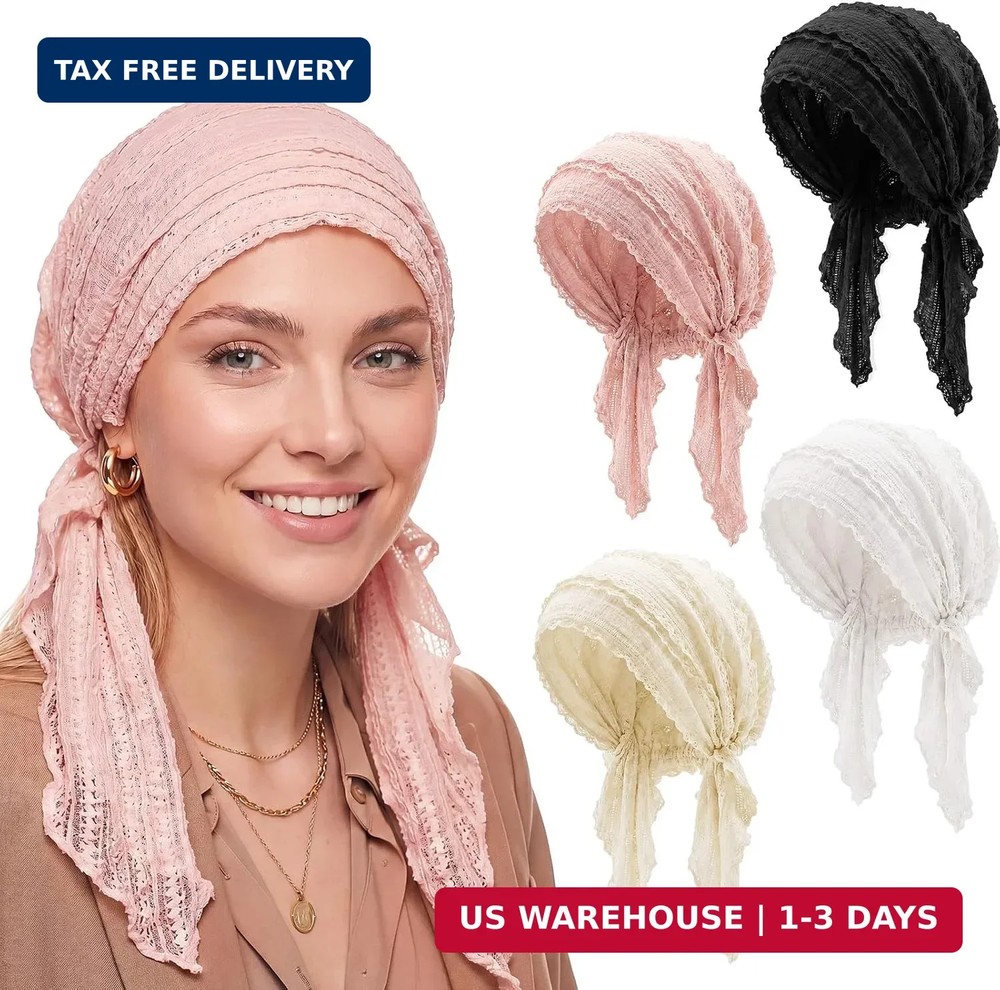 Funtery 4 Pack Chemo Headwear for Women, Pre-Tied Turban Headwrap, Soft Stretchy