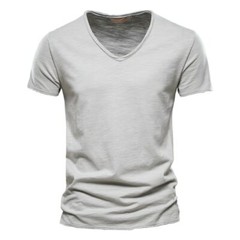 Cotton Men T-shirt V-neck Short Sleeve Fashion Slim Fit Soild T-shirts Tops Tees