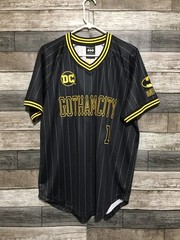 DC Batman Gotham City B. Wayne #1 Jersey Shirt Men’s L Black Pinstripe BoxLunch