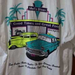 Gildan Vintage Mel’s Diner White T-shirt Back Graphic Old Classic Cars LG