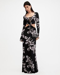 All Saints Womens Cynthi Floral Cut Out Maxi Dress Designer Slim Fit Long Sleeve