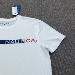Nautica Shirt Mens Medium White Logo Stripe Graphic Tee Tagless Nautical