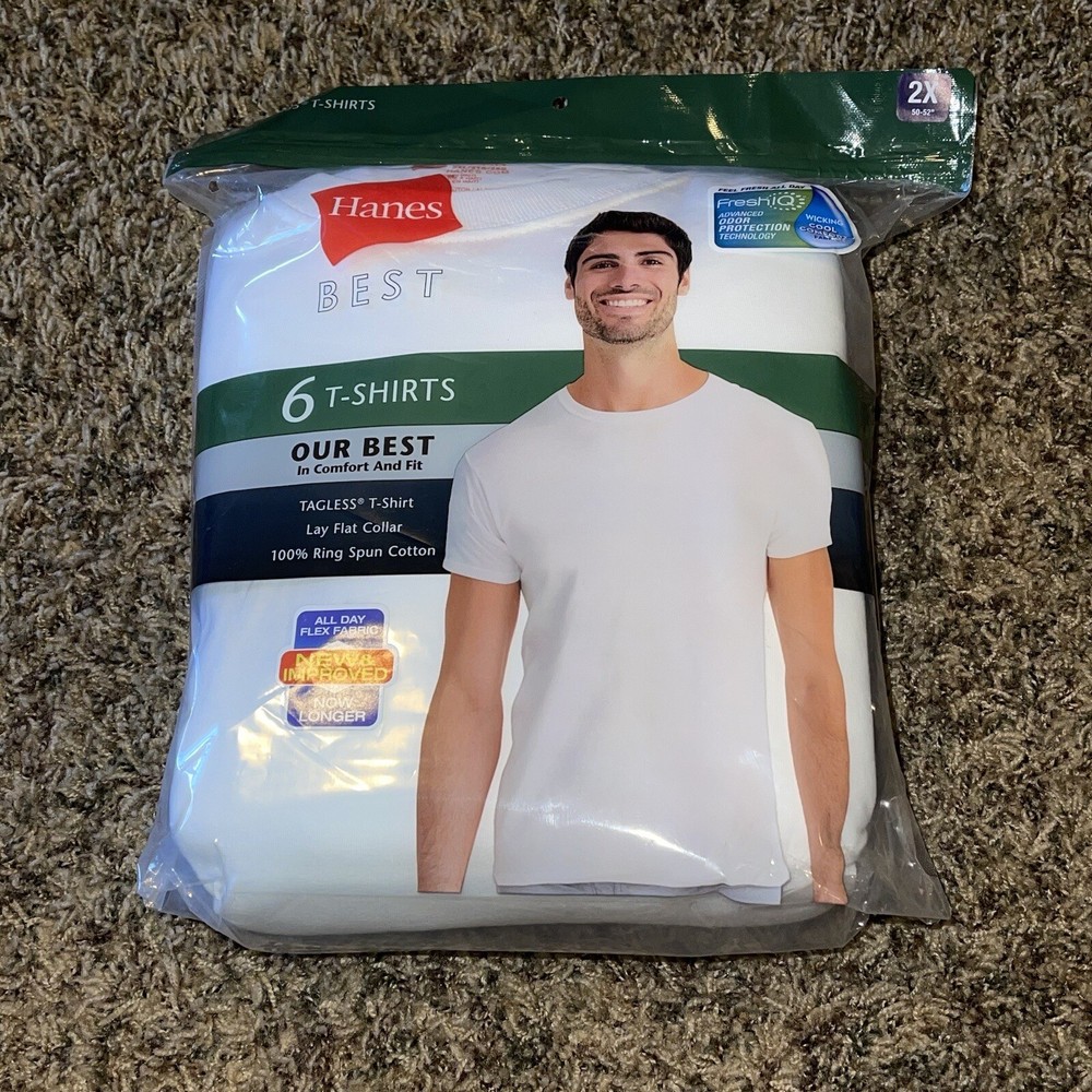 Hanes Best Tagless T-Shirt Lay-Flat Collar Tagless Cool Comfort White 6 Ct 2XL