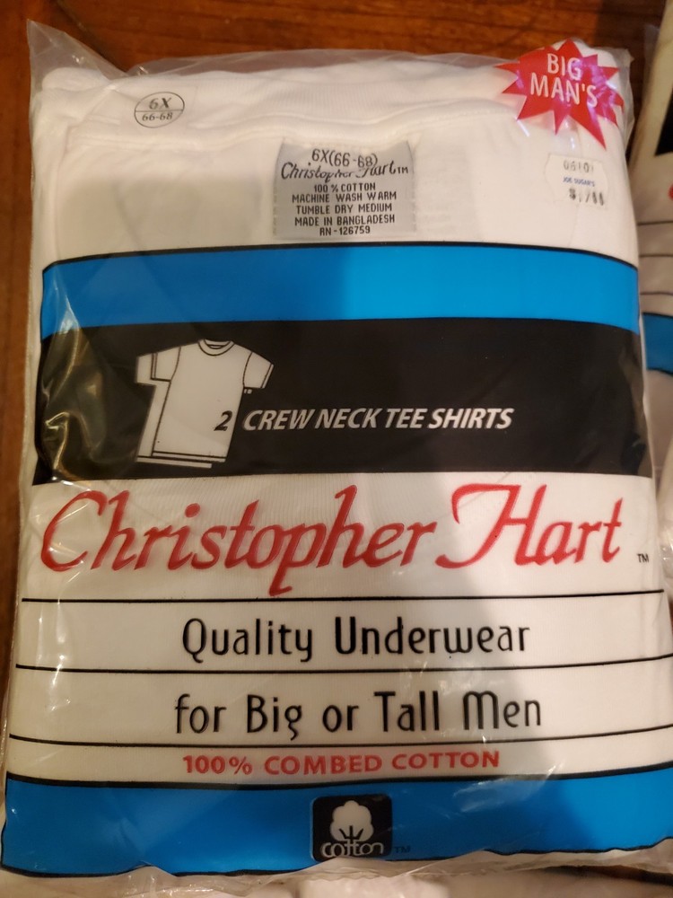 New Christopher Hart 6X ( 66-68) Crew Neck T Shirt White 2 Pack