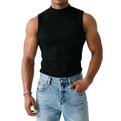 Ribbed Men’s Sleeveless Tank Top Vest Half Turtleneck Solid Color Casual