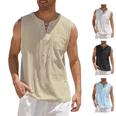 Mens Cotton Linen Sleeveless Shirt Casual Lace Up Tank Top Summer Beach Vest New