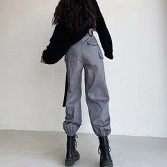 High Waist Solid Color Large Pocket Cargo Pants Women Loose Bundle Foot Ribbon