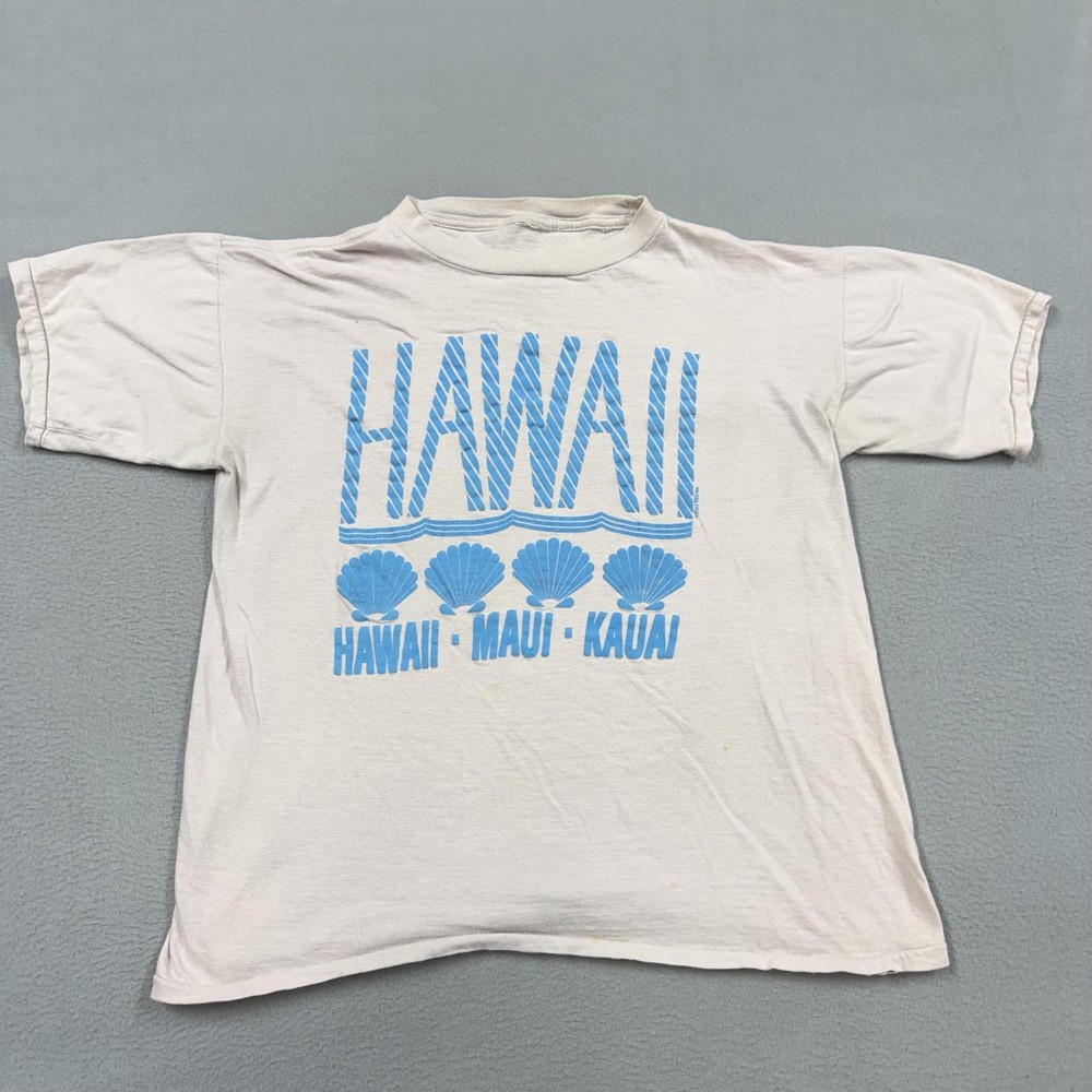 Vintage Poly Tees Shirt Mens Large White Hawaii Maui Kauai Graphic 1988 Beach