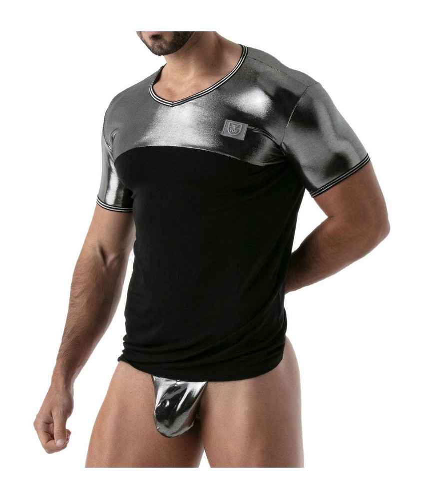 TOF PARIS T-Shirt Metal Lurex Edging Half-Cotton Half-Metallic Silver 18