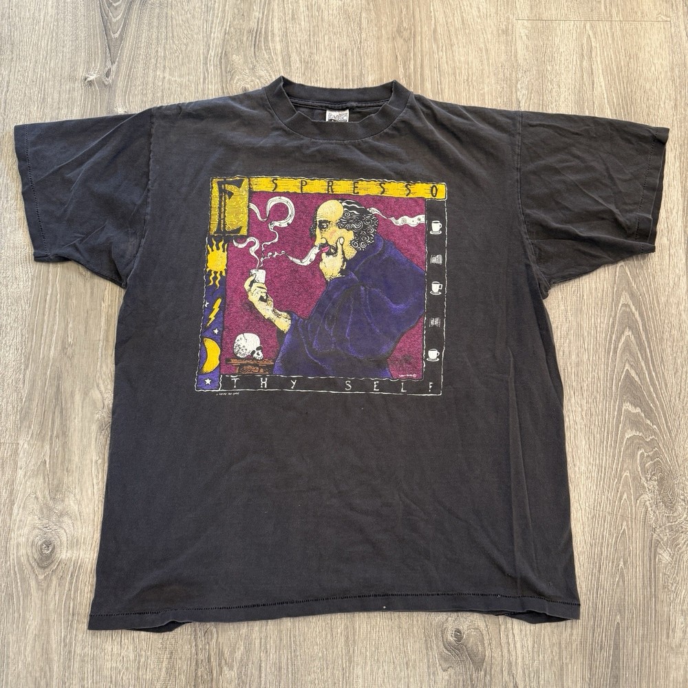 Vintage 90s Fabric Art Espresso Thy Self Coffee Shakespeare T Shirt XL