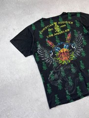 Christian Audigier Skull Spider Web Rhinestone Gothic Graphic T-Shirt Black