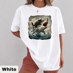 Black Cat Biting Shark Shirt, Funny Cat Lover Tshirt, Epic Graphic Tee