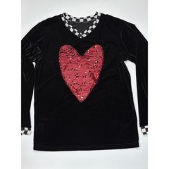 Mens Black Velvet Long Sleeve V Neck Shirt Red Sequin Heart Checkerboard Trim M