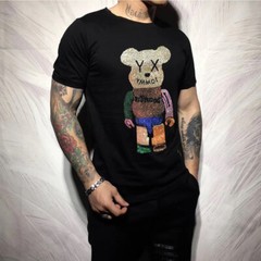 New Fashion Hot Drill Bear Rhinestones Trend Cotton Summer Luxury Men T-Shirt