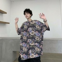 Mens Youth Casual Fashion Floral Short Sleeves Loose Irregular T-Shirt Tee Top