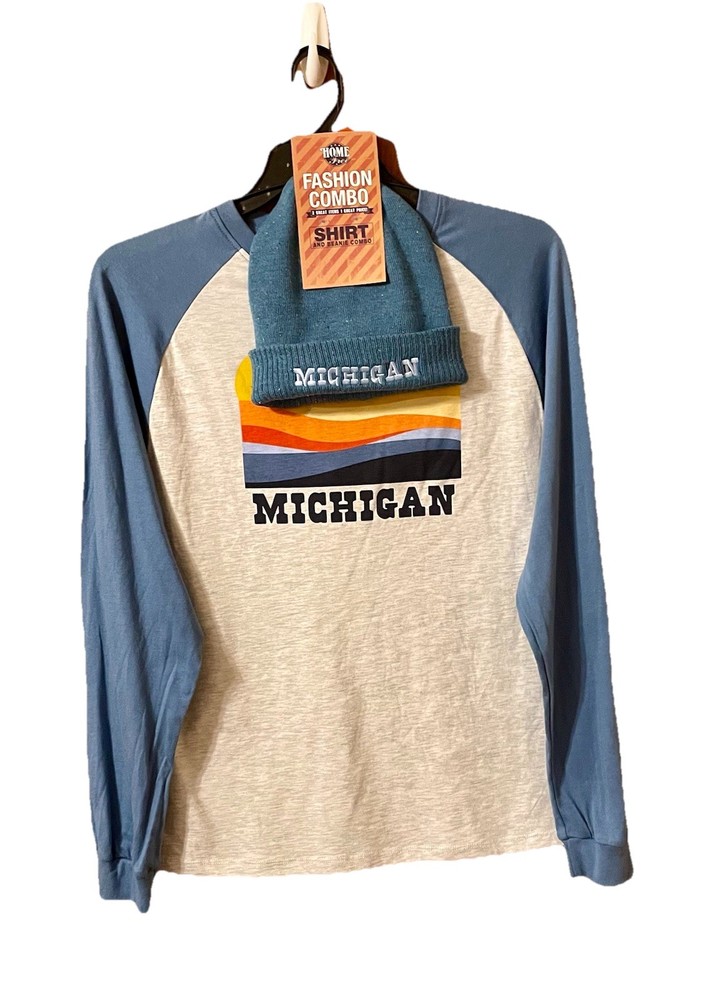 Mens Retro Long Sleeve Tee Size M With Matching Hat. Michigan Theme 80’s