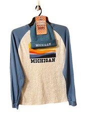 Mens Retro Long Sleeve Tee Size M With Matching Hat. Michigan Theme 80’s