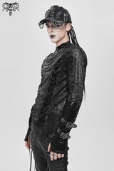Devil Fashion Men Black Gothic Punk Mesh Spliced Lace-Up T-Shirt Slim Fit Tops