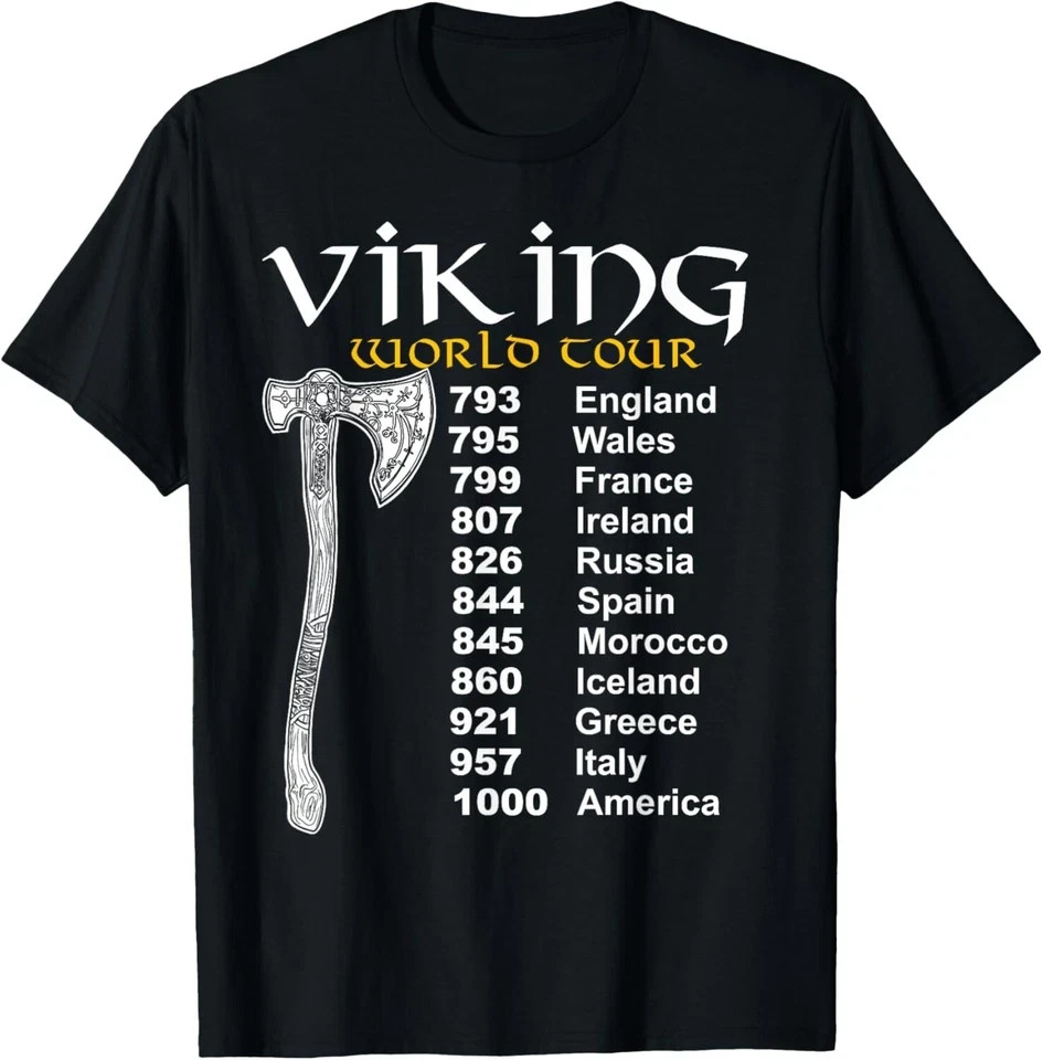 Viking World Tour T-Shirt Funny History Buff Meme Norse Axe Graphic Men Tee