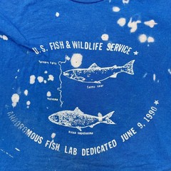 U.S. Fish & Wildlife Lab 1990 WMass Made USA Hanes XL Blue t-Shirt Bleach spots