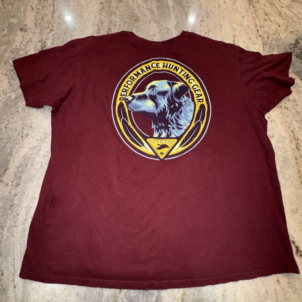Columbia PHG Men’s XXL Burgandy T Shirt Short Sleeve Dog Print Hunting Casual