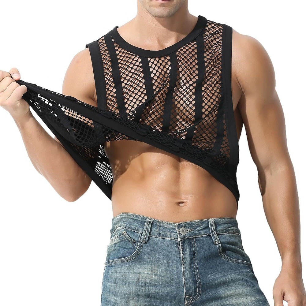 Zonbailon Mens Mesh Tank Fishnet Striped Sleeveless See Thru Muscle Undershirts