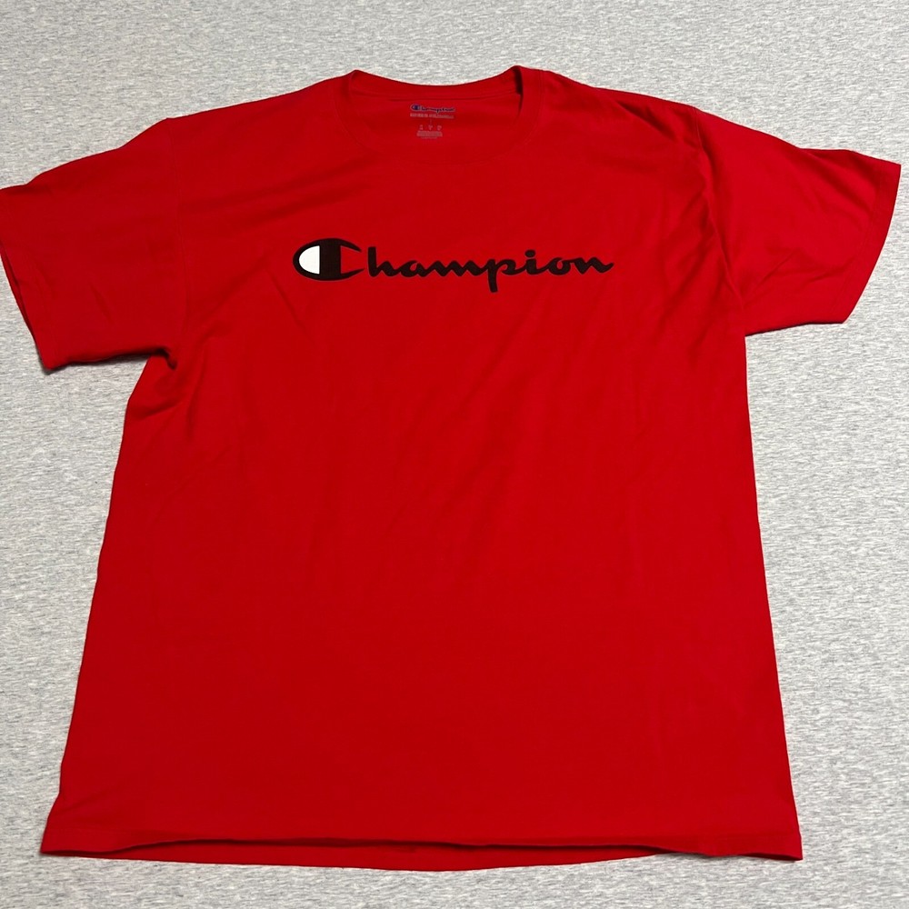 Champion Mens Large Red Spellout Chest Logo Cotton Crew Tee Classic Casual