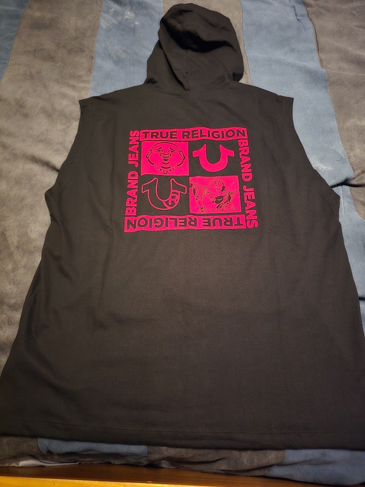 $62…True Religion “Buddha” size XL Flocked Hooded Tank Black/Red.