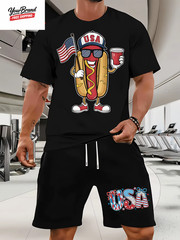 Fashion American Flag Graphic Print T-Shirt Shorts 2-Piece Set Casual Men’S USA