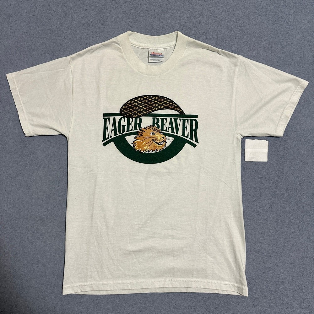 Hanes Heavyweight 50/50 Eager Beaver Graphic T-Shirt Short Sleeve White Mens S